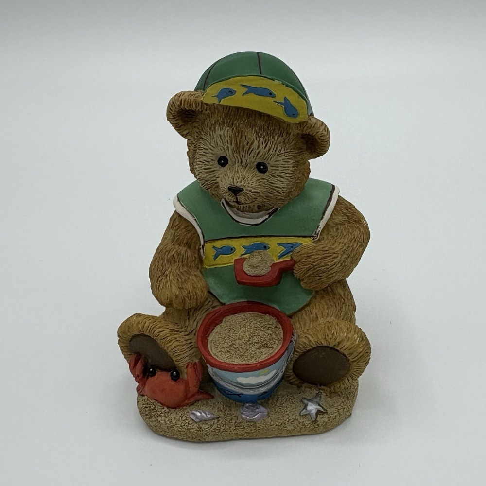 Danbury Mint Figurine August Birthday Bear Beach Theme Brown Green Summer Sand